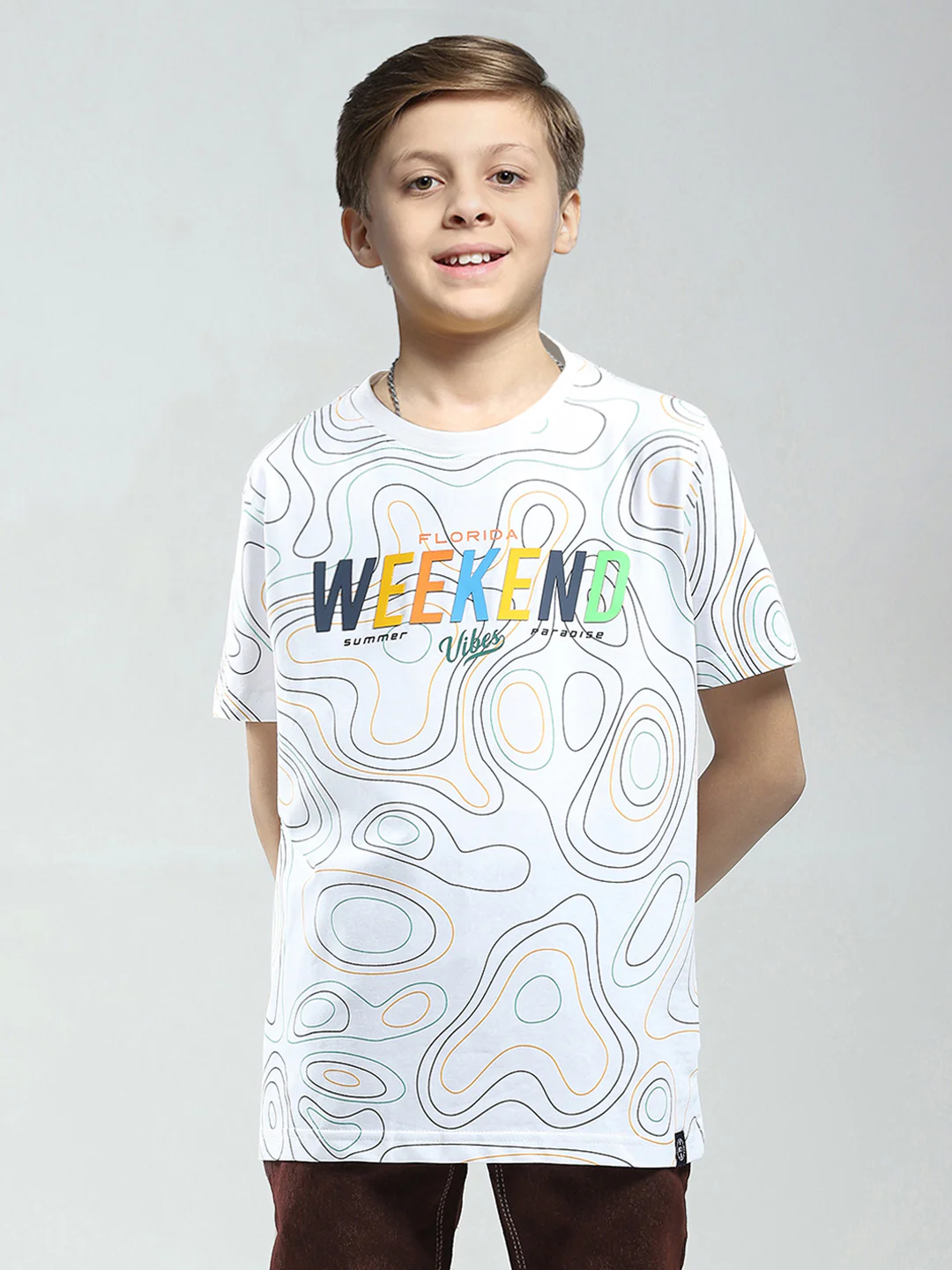 Boys White Printed Round Neck Half Sleeve T-Shirt