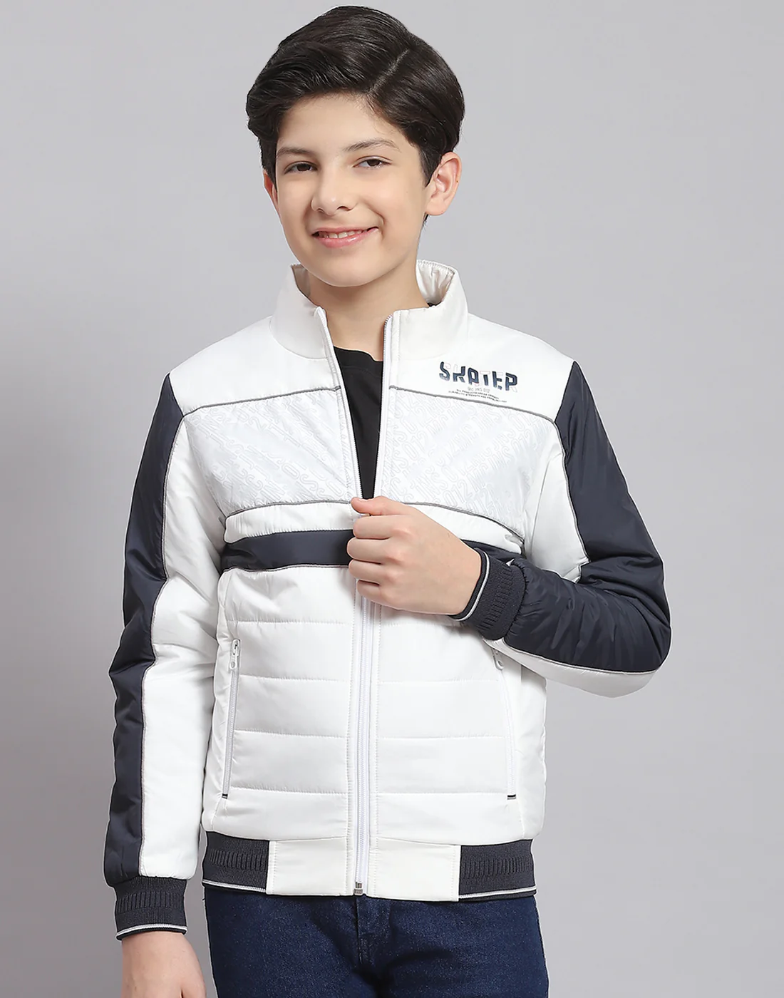 Boys White Printed Stand Collar Full Sleeve Boys Jacket - Image 2