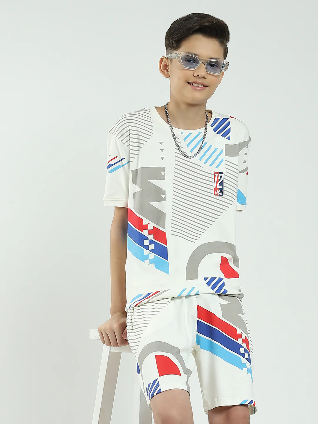 Boys White Printed Round Neck Half Sleeve Bermuda Set - Image 6