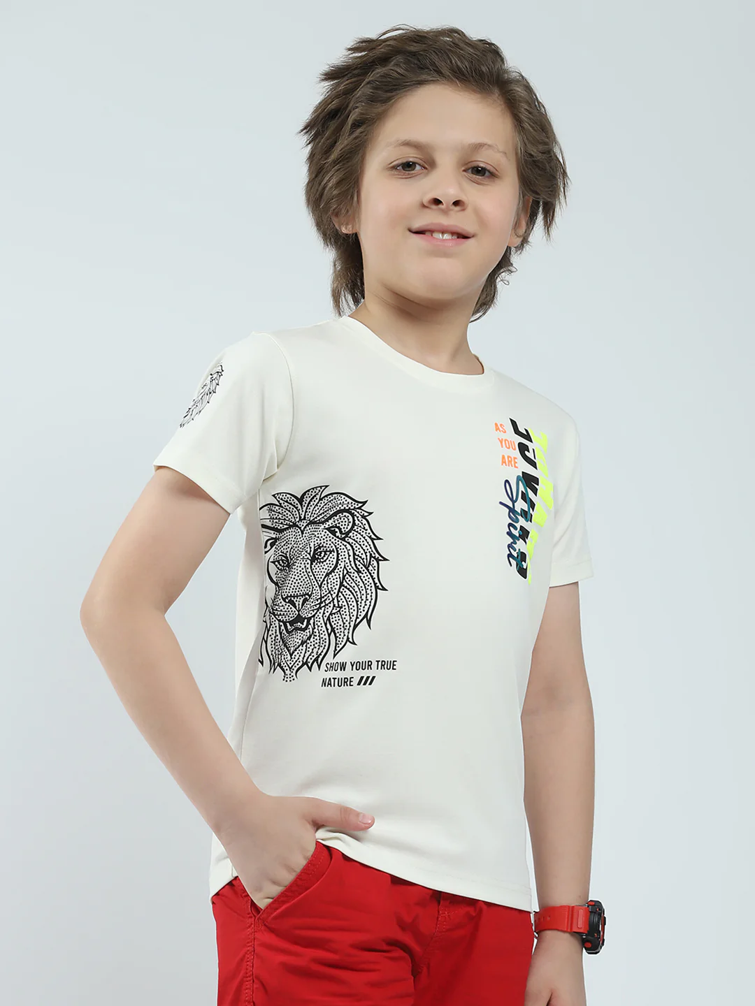 Boys White Printed Round Neck Half Sleeve T-Shirt - Image 4