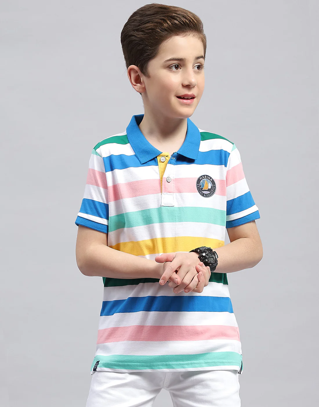 Boys White & Royal Blue Stripe Polo Collar Half Sleeve T-Shirt - Image 2