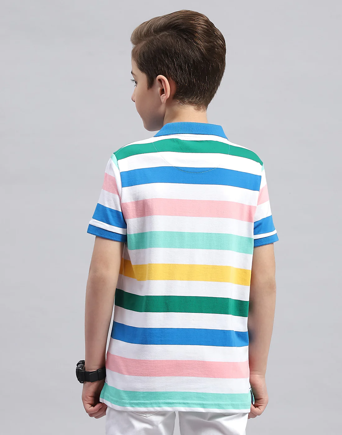 Boys White & Royal Blue Stripe Polo Collar Half Sleeve T-Shirt - Image 5
