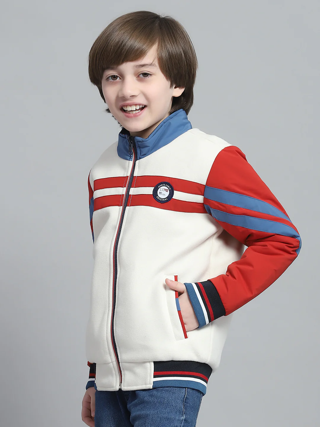 Boys White & Rust Printed Mock Neck Full Sleeve Reversible Jacket - Image 3