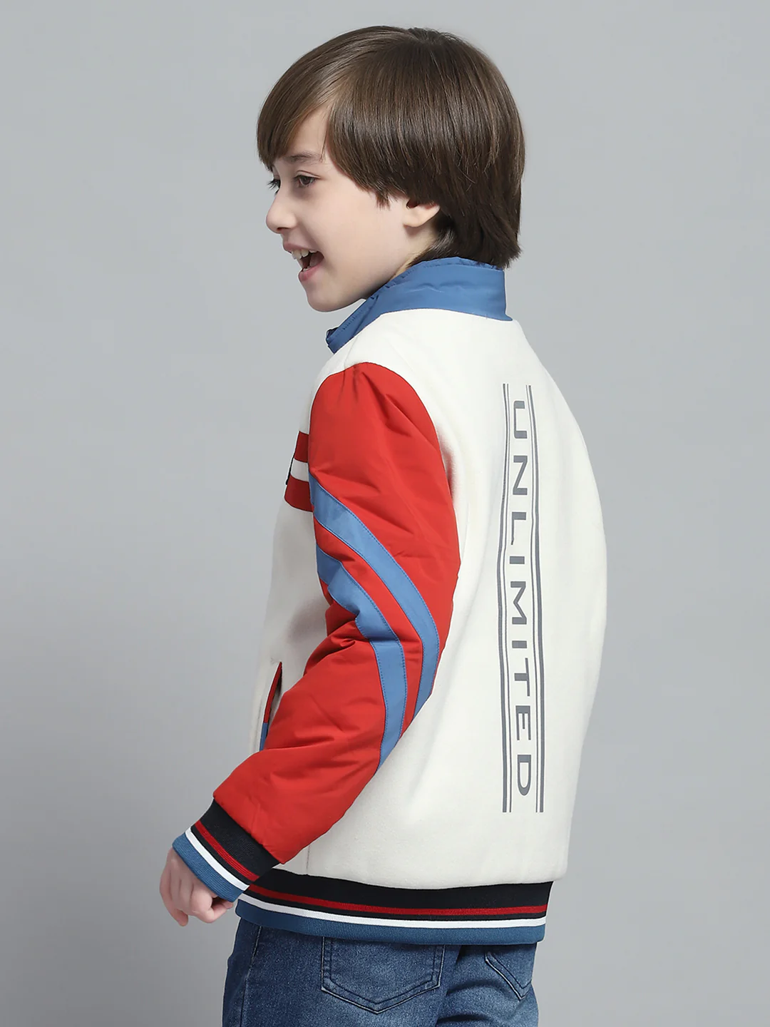 Boys White & Rust Printed Mock Neck Full Sleeve Reversible Jacket - Image 5