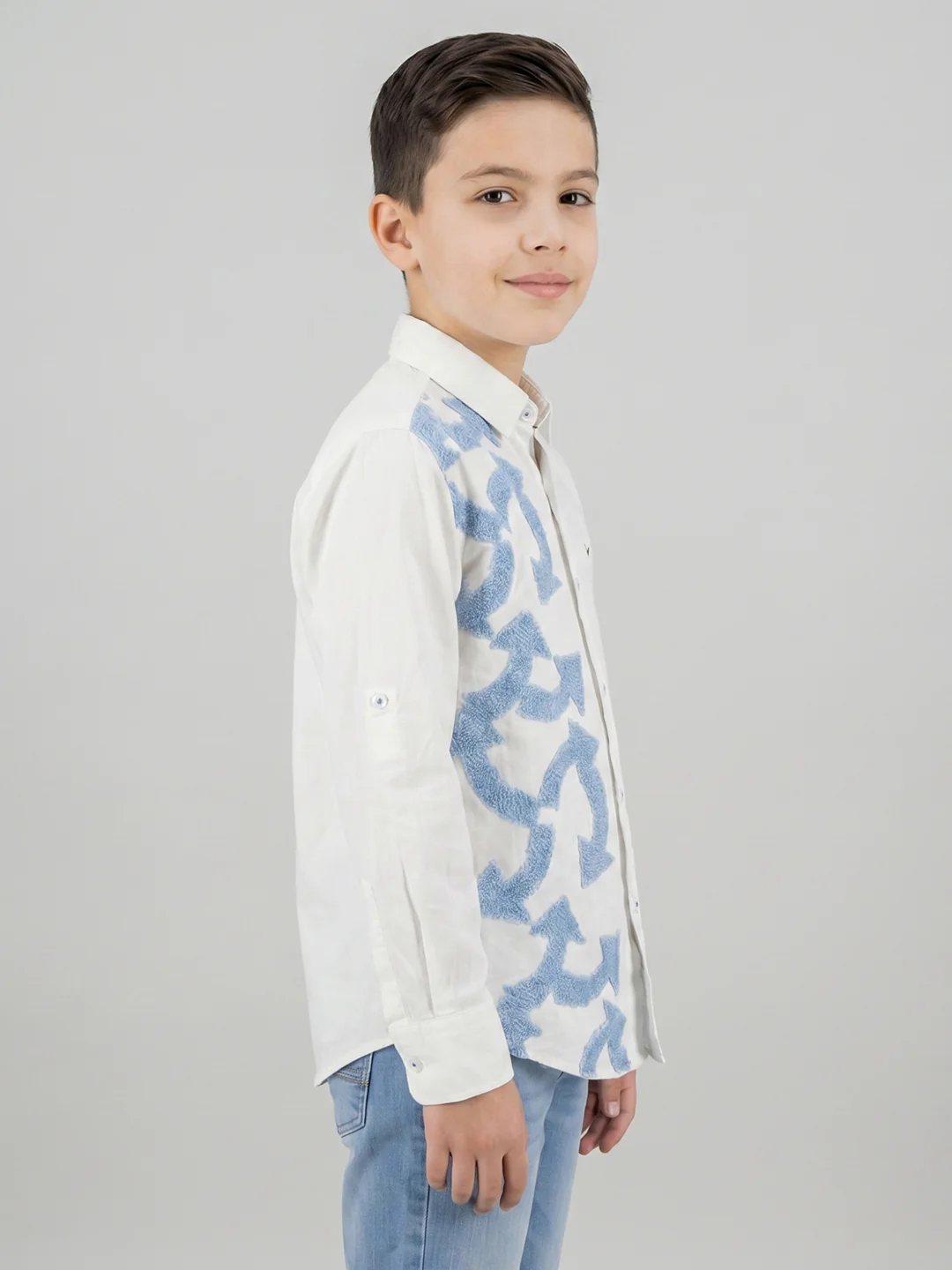 Boys White Self Design Collar Full Sleeve Shirt - Image 2