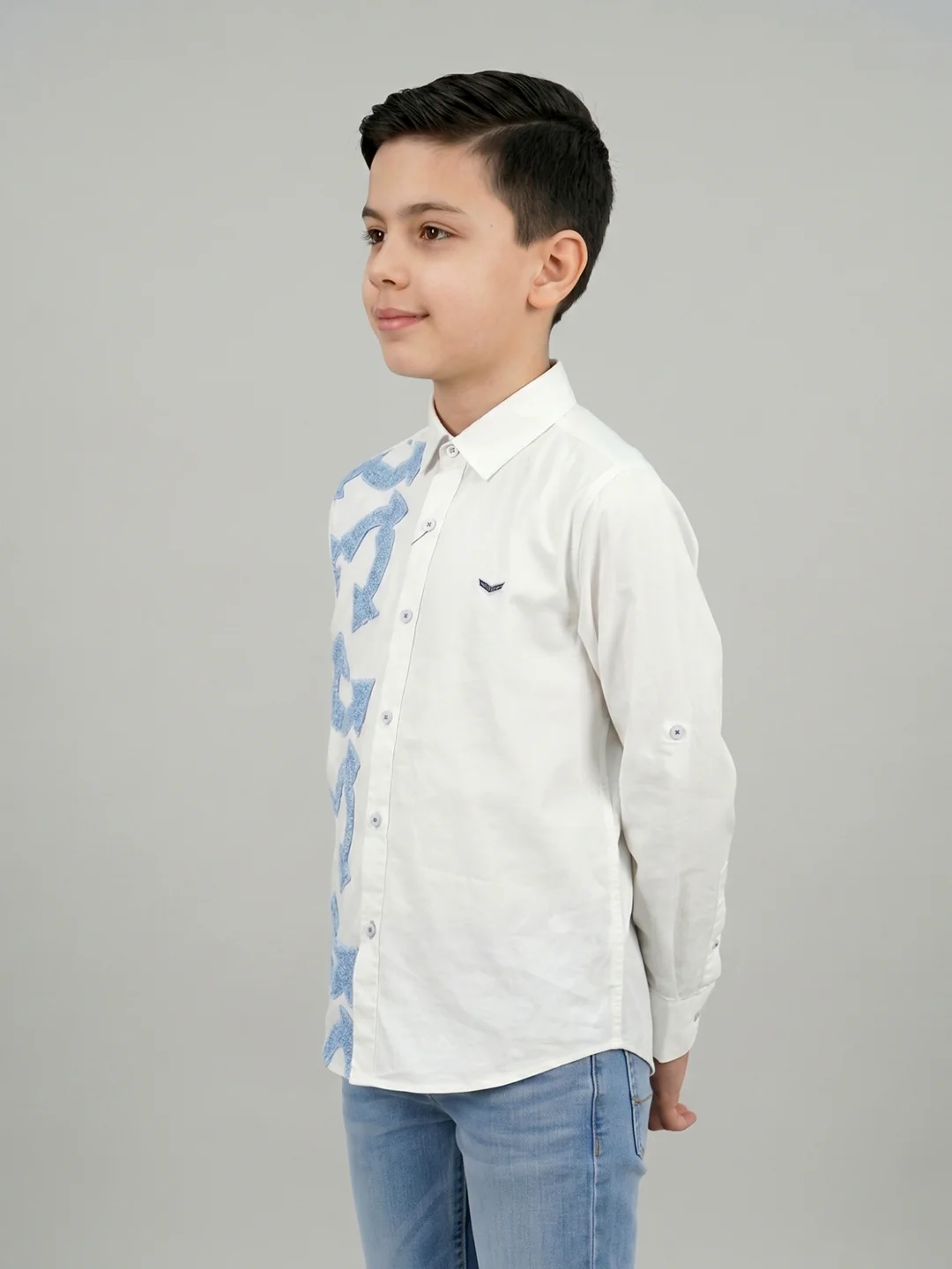 Boys White Self Design Collar Full Sleeve Shirt - Image 3