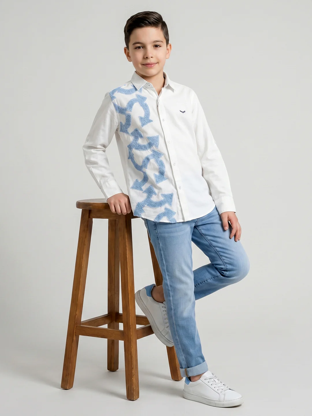 Boys White Self Design Collar Full Sleeve Shirt - Image 5