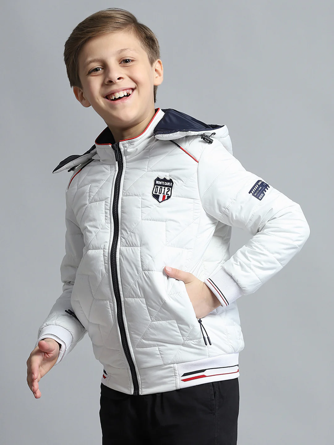 Boys White Self Design Detachable Hood Full Sleeve Jacket - Image 3