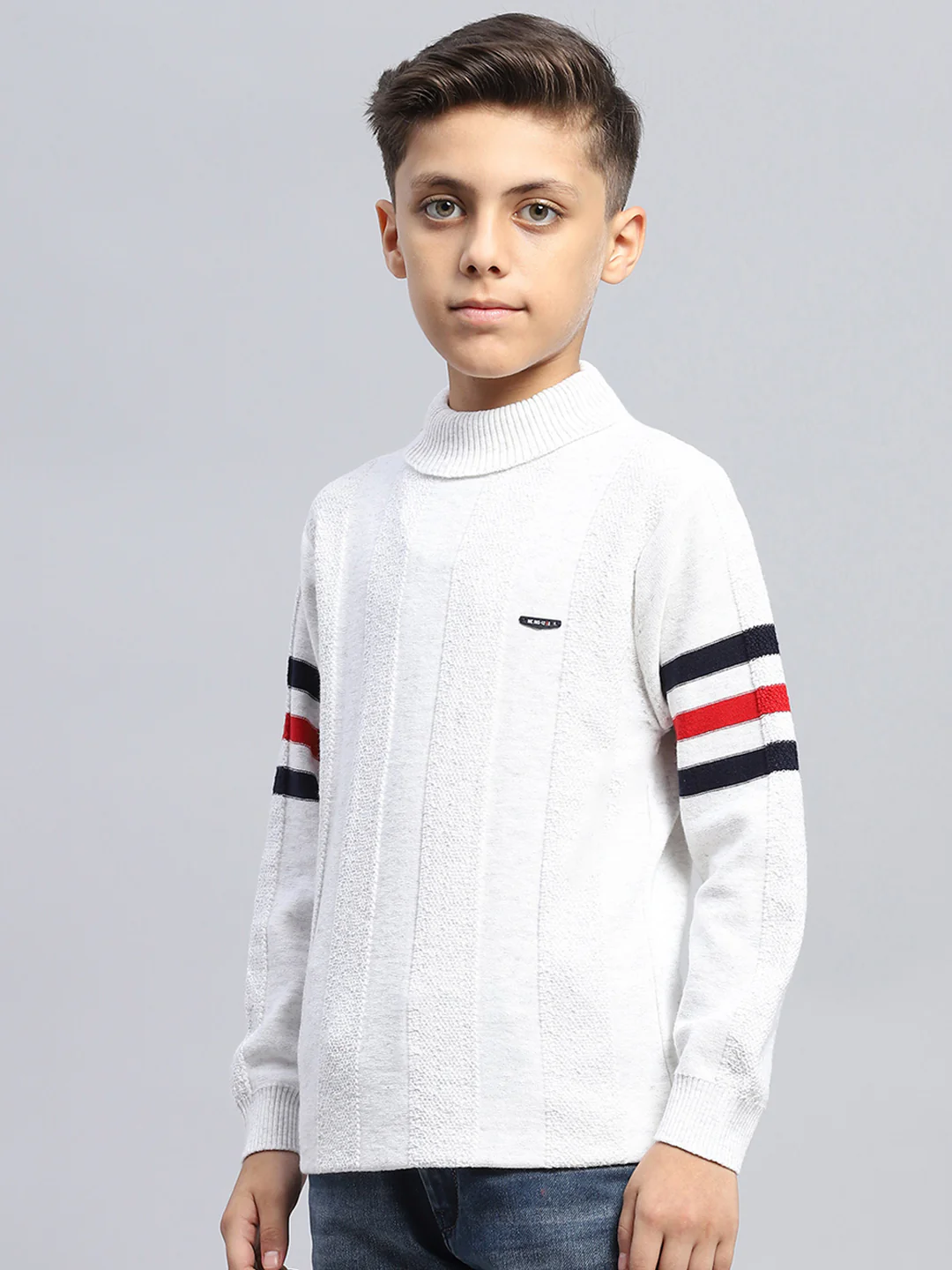 Boys White Self Design High Neck Full Sleeve Pullover - Image 3