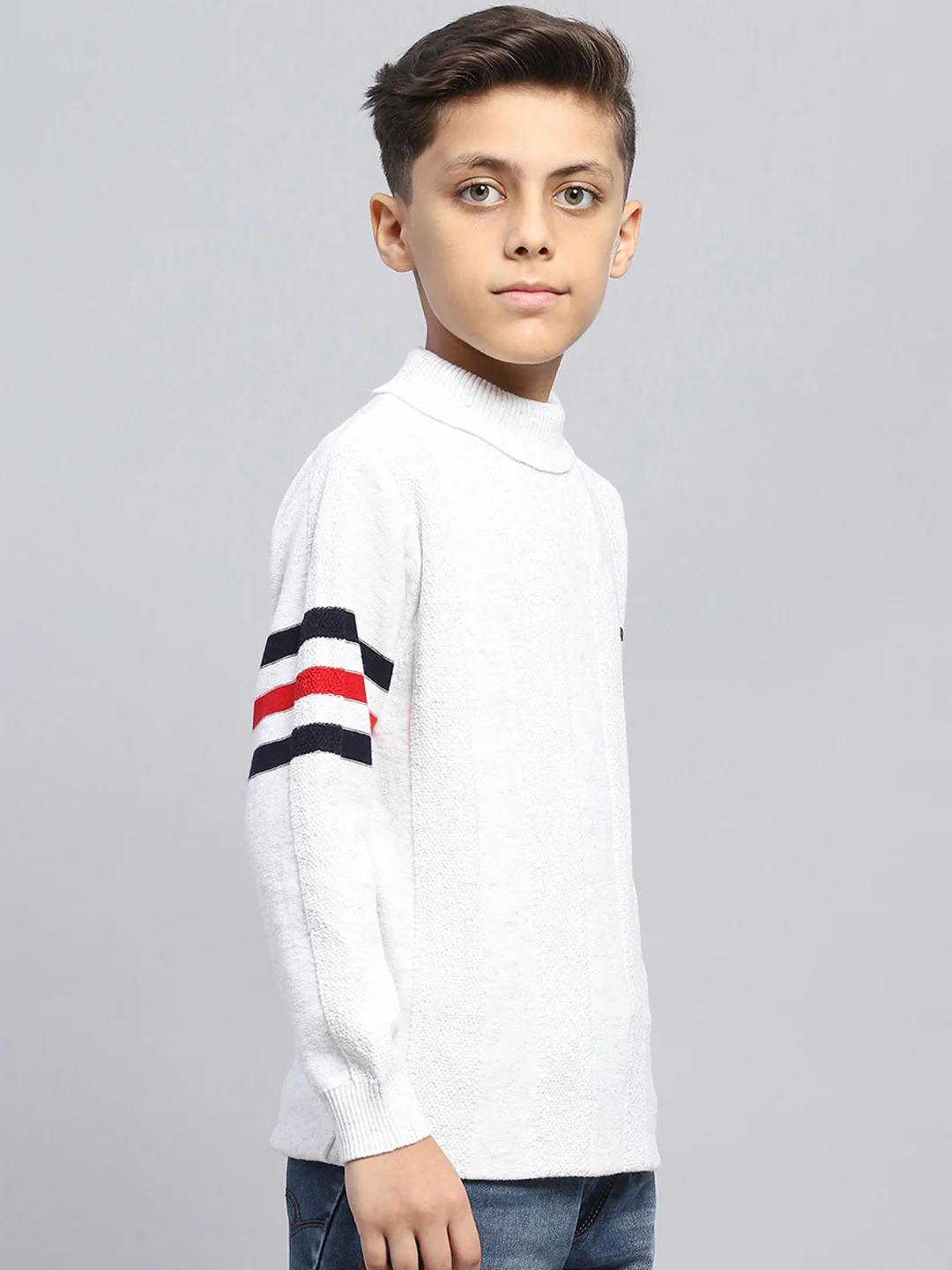 Boys White Self Design High Neck Full Sleeve Pullover - Image 4