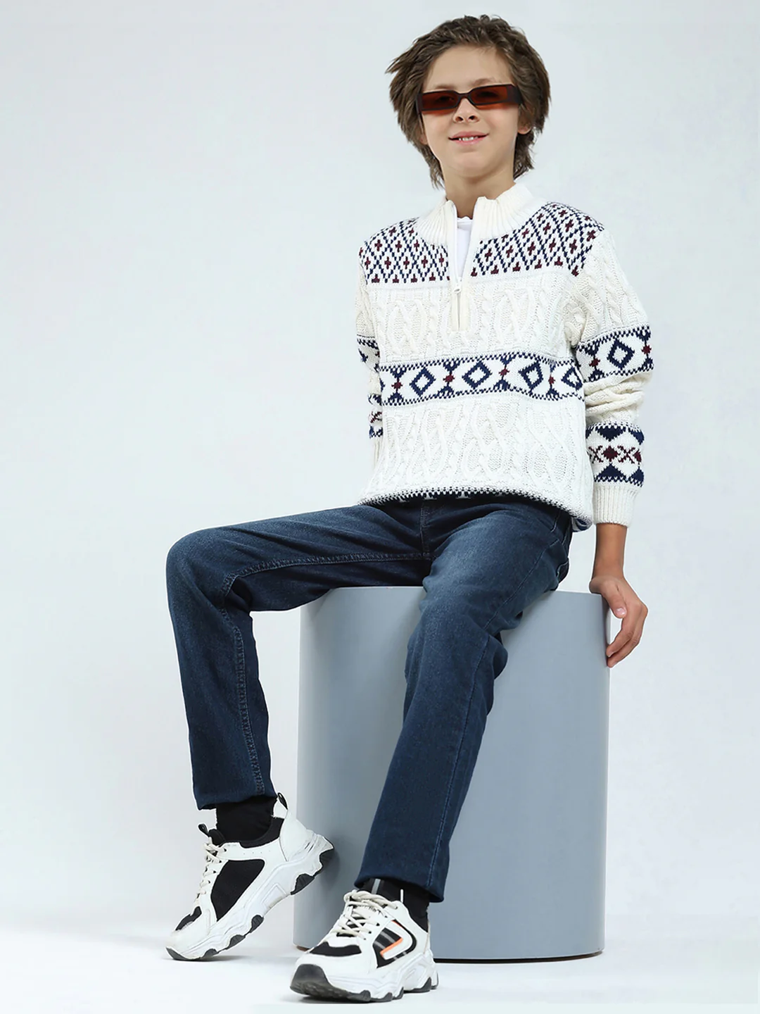 Boys White Self Design Mock Neck Full Sleeve Pullover - Image 2