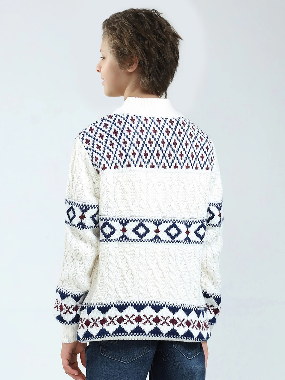 Boys White Self Design Mock Neck Full Sleeve Pullover - Image 5