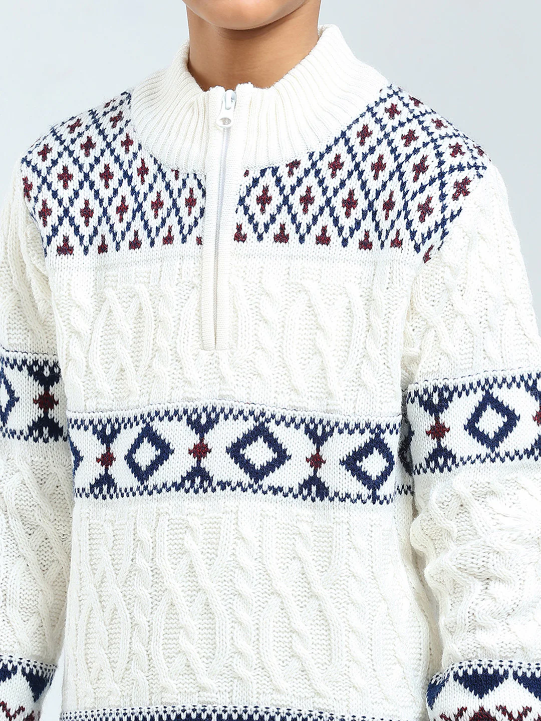 Boys White Self Design Mock Neck Full Sleeve Pullover - Image 6