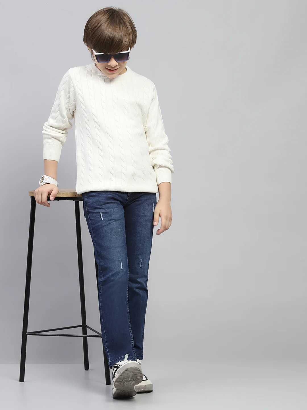 Boys White Self Design Round Neck Full Sleeve Pullover - Image 2