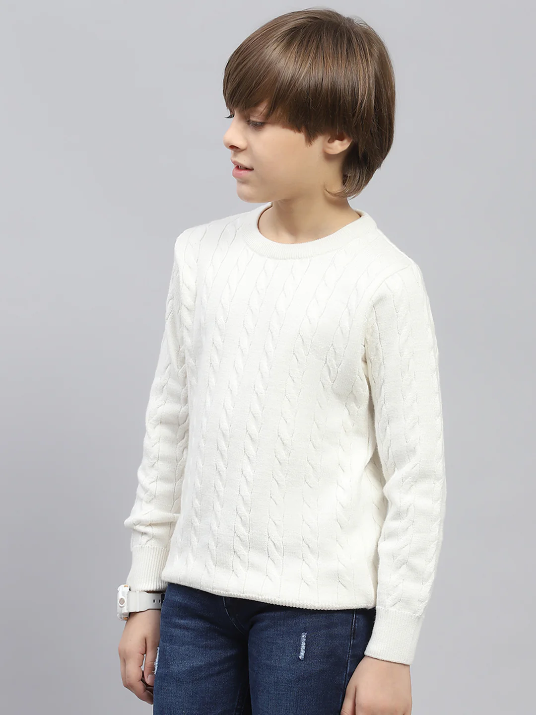 Boys White Self Design Round Neck Full Sleeve Pullover - Image 3