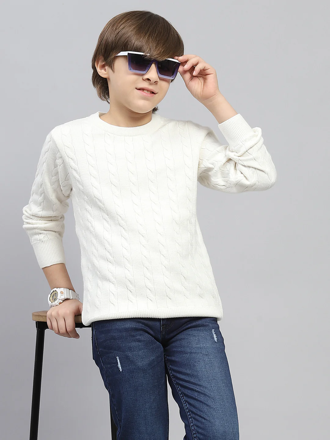 Boys White Self Design Round Neck Full Sleeve Pullover - Image 6