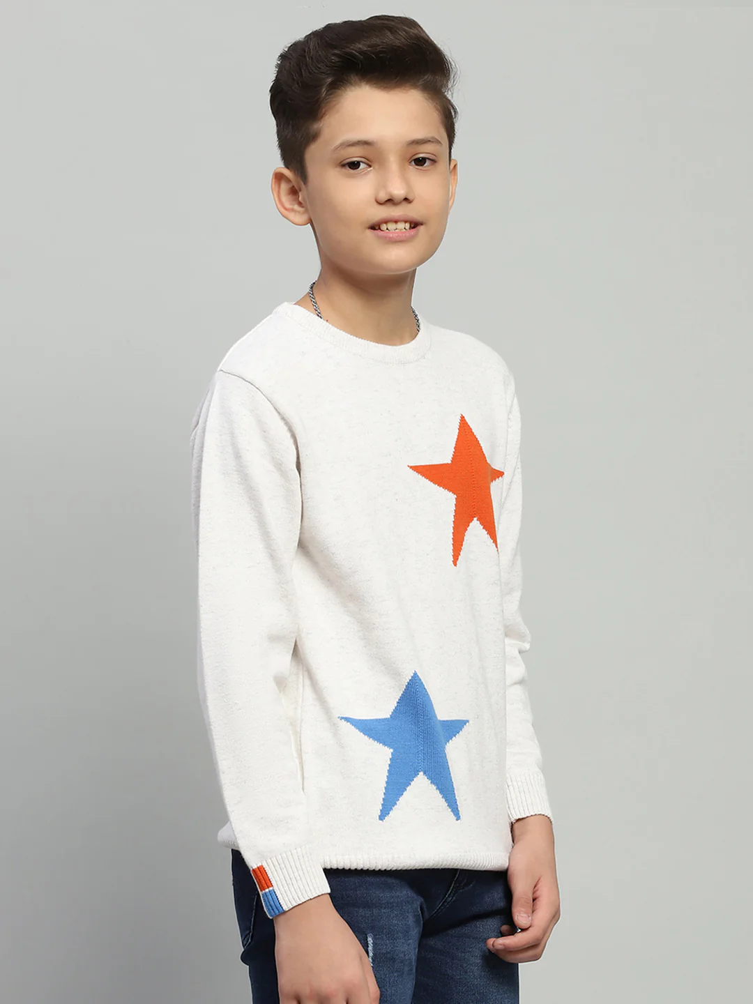 Boys White Self Design Round Neck Full Sleeve Pullover - Image 4