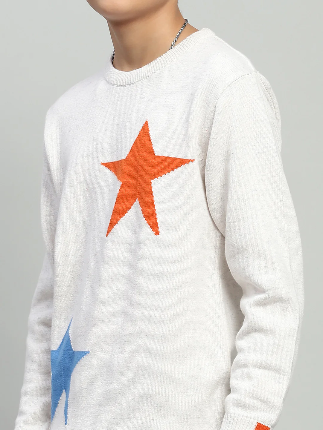 Boys White Self Design Round Neck Full Sleeve Pullover - Image 6
