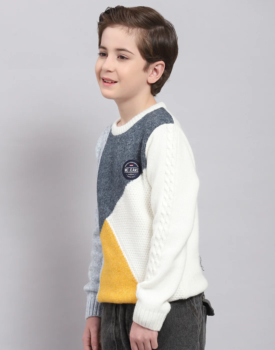 Boys White Self Design Round Neck Full Sleeve Sweater - Image 3