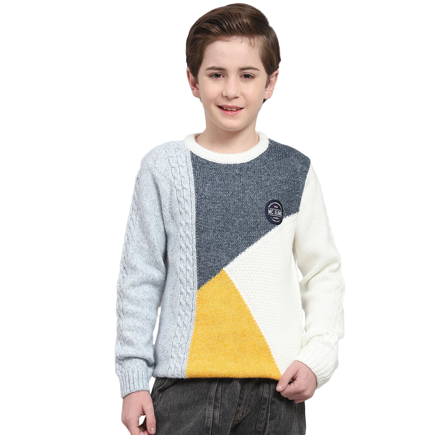 Boys White Self Design Round Neck Full Sleeve Sweater - Image 5