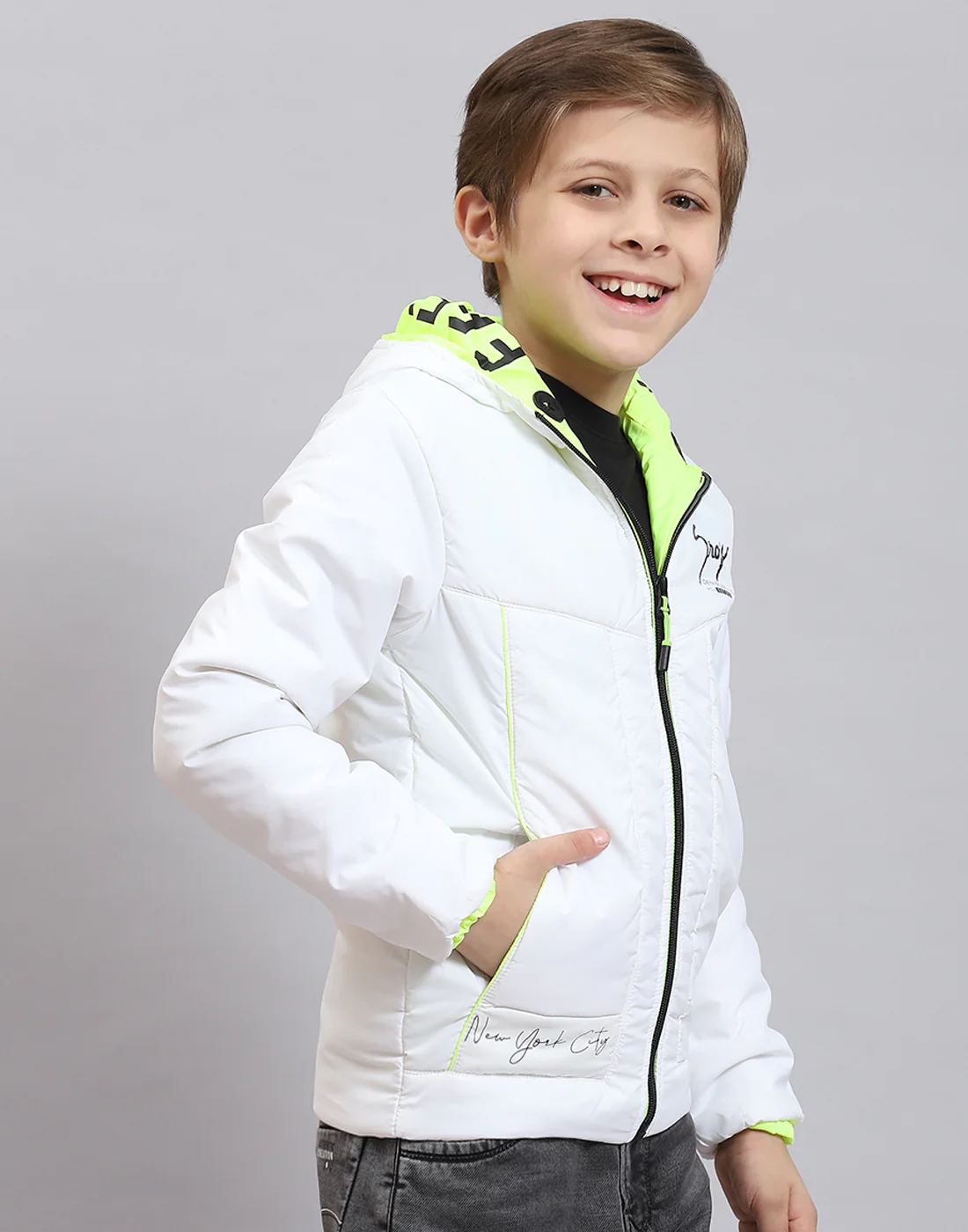 Boys White Solid Hooded Full Sleeve Boys Jacket - Image 4