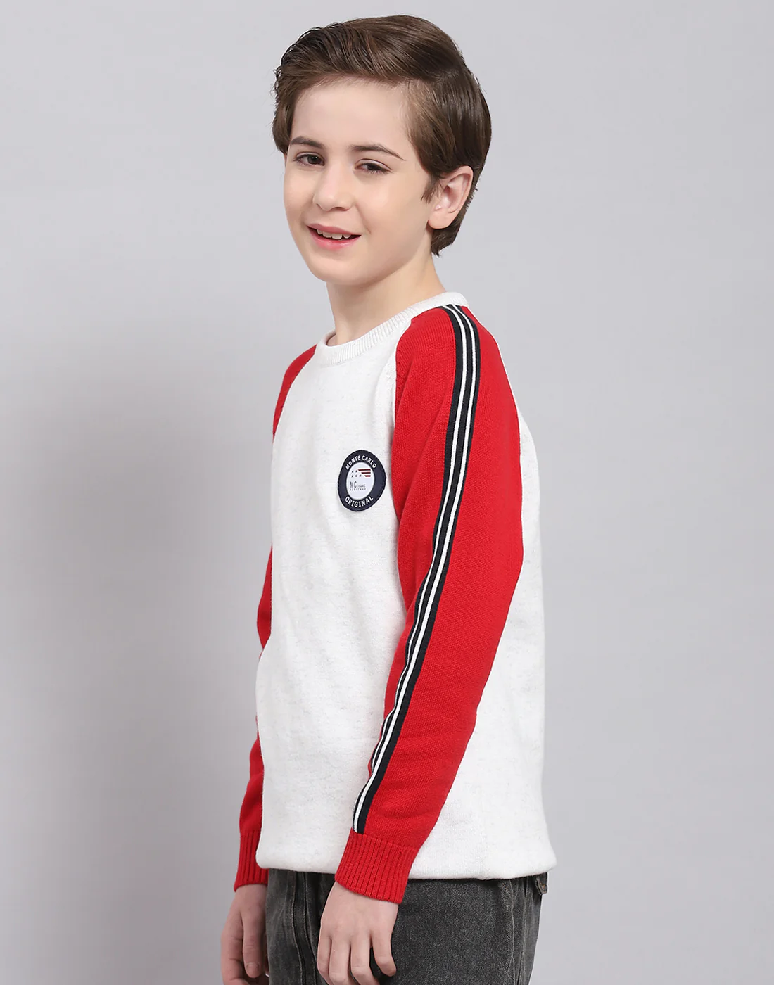 Boys White Solid Round Neck Full Sleeve Sweater - Image 3