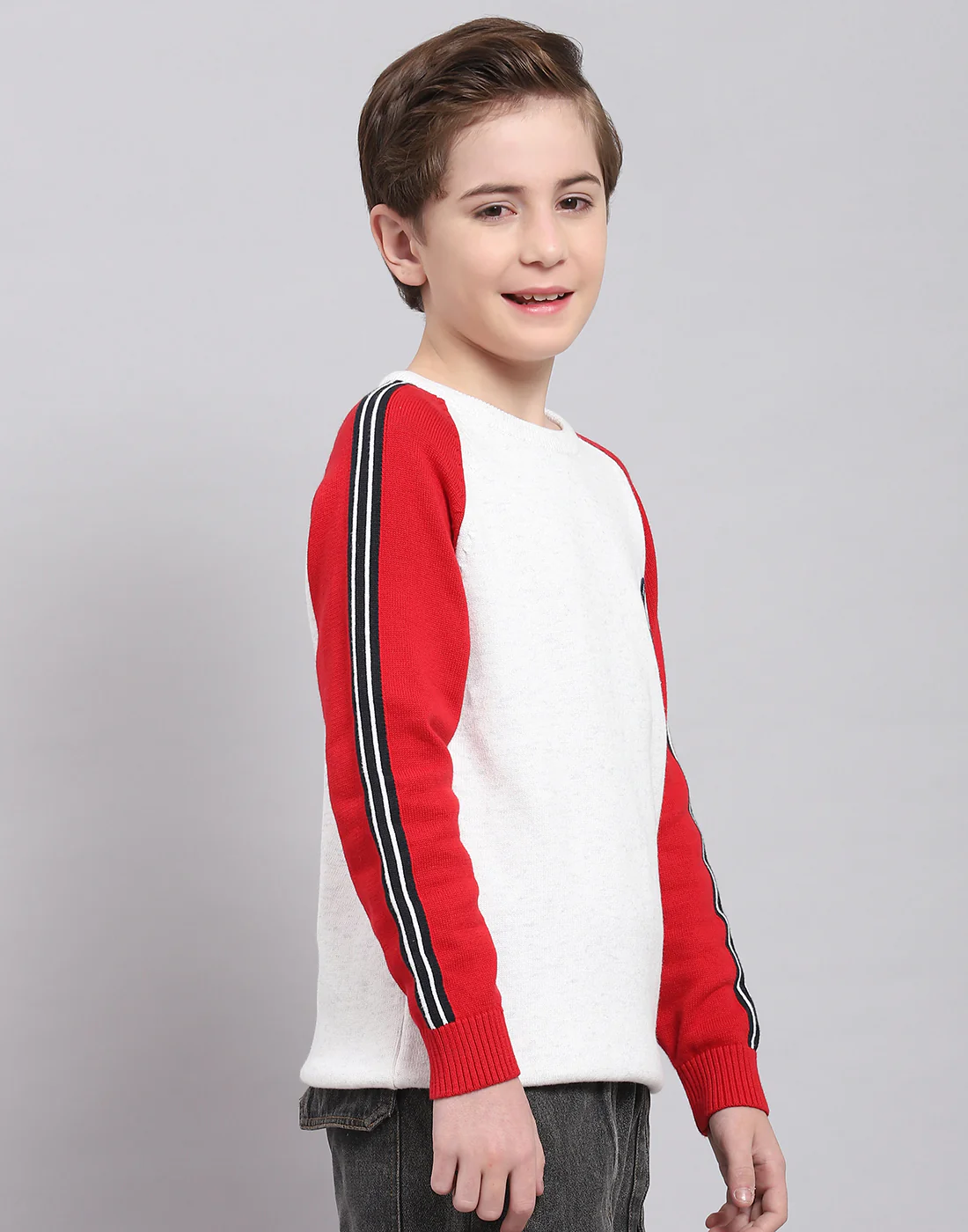 Boys White Solid Round Neck Full Sleeve Sweater - Image 4
