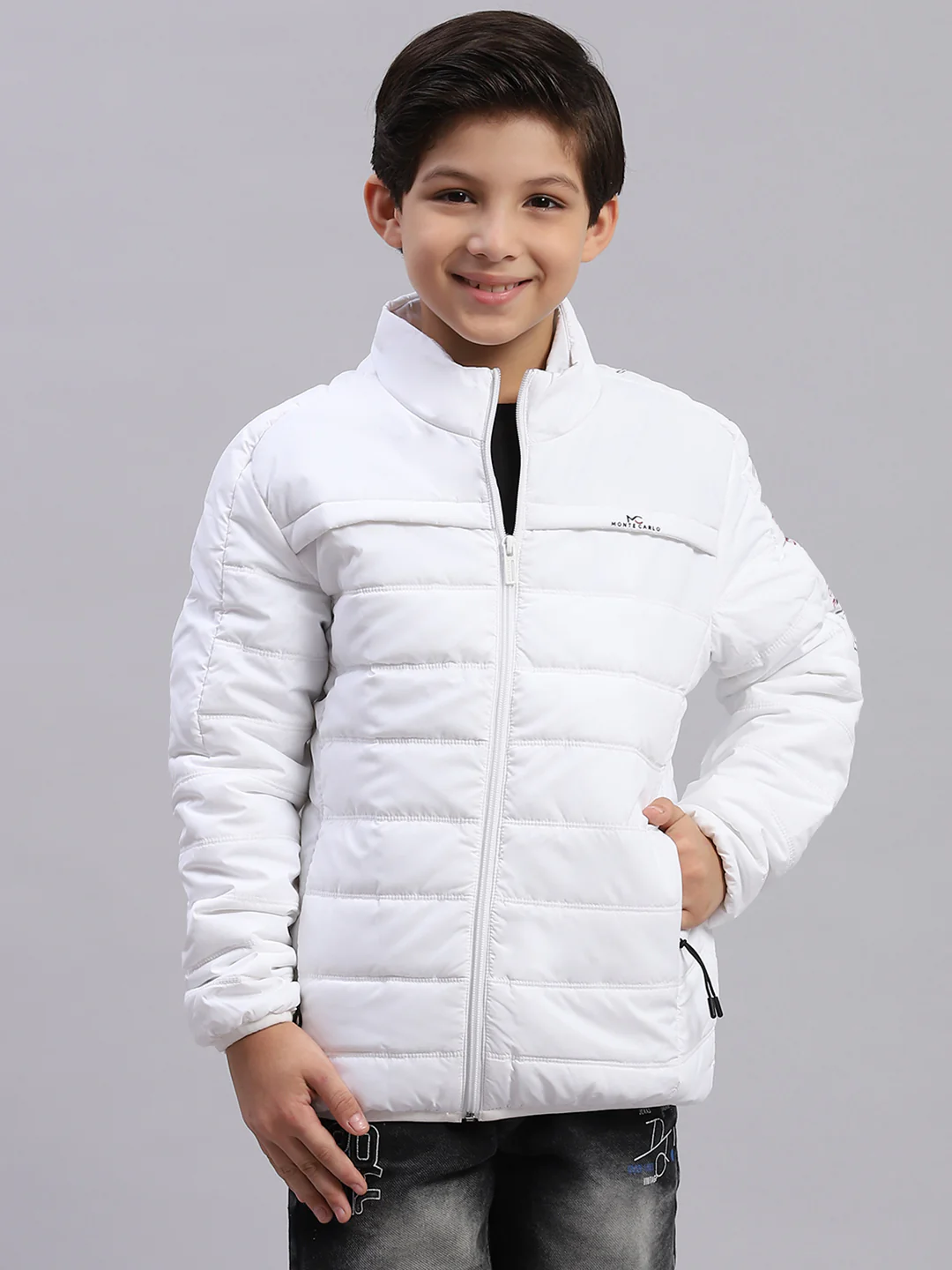 Boys White Solid Stand Collar Full Sleeve Boys Jacket - Image 3