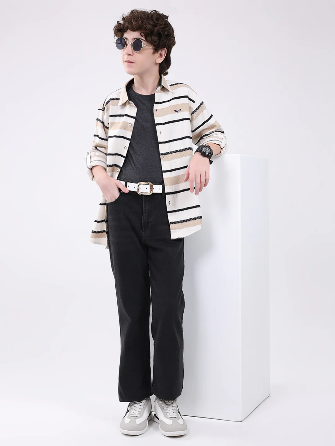 Boys White Stripe Collar Full Sleeve Shirt - Image 2