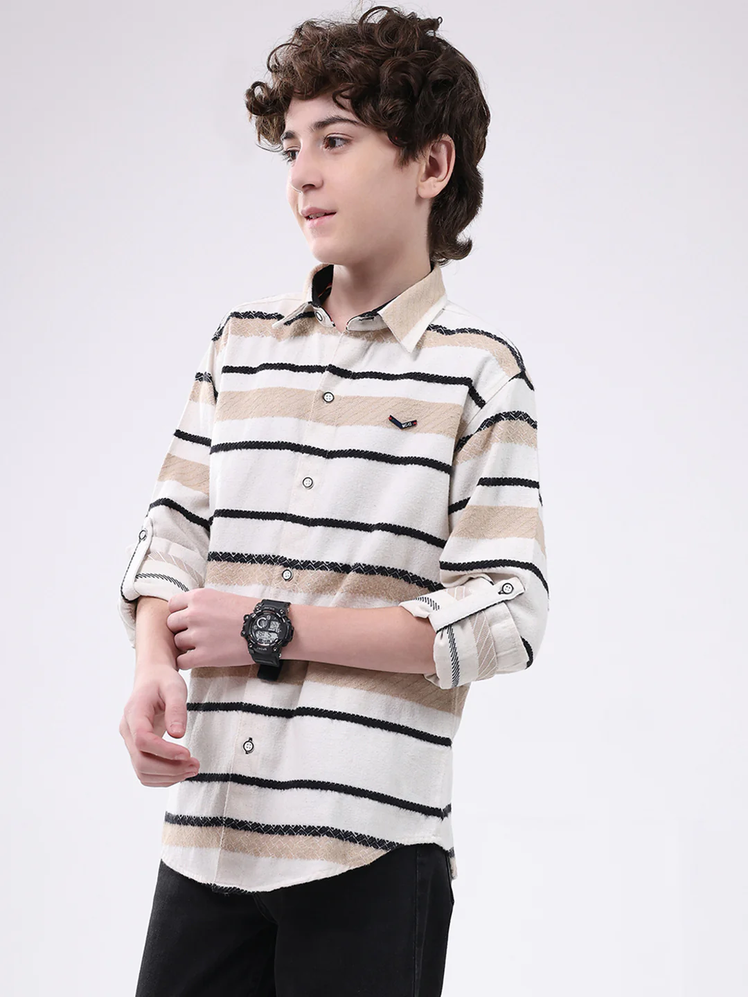 Boys White Stripe Collar Full Sleeve Shirt - Image 3