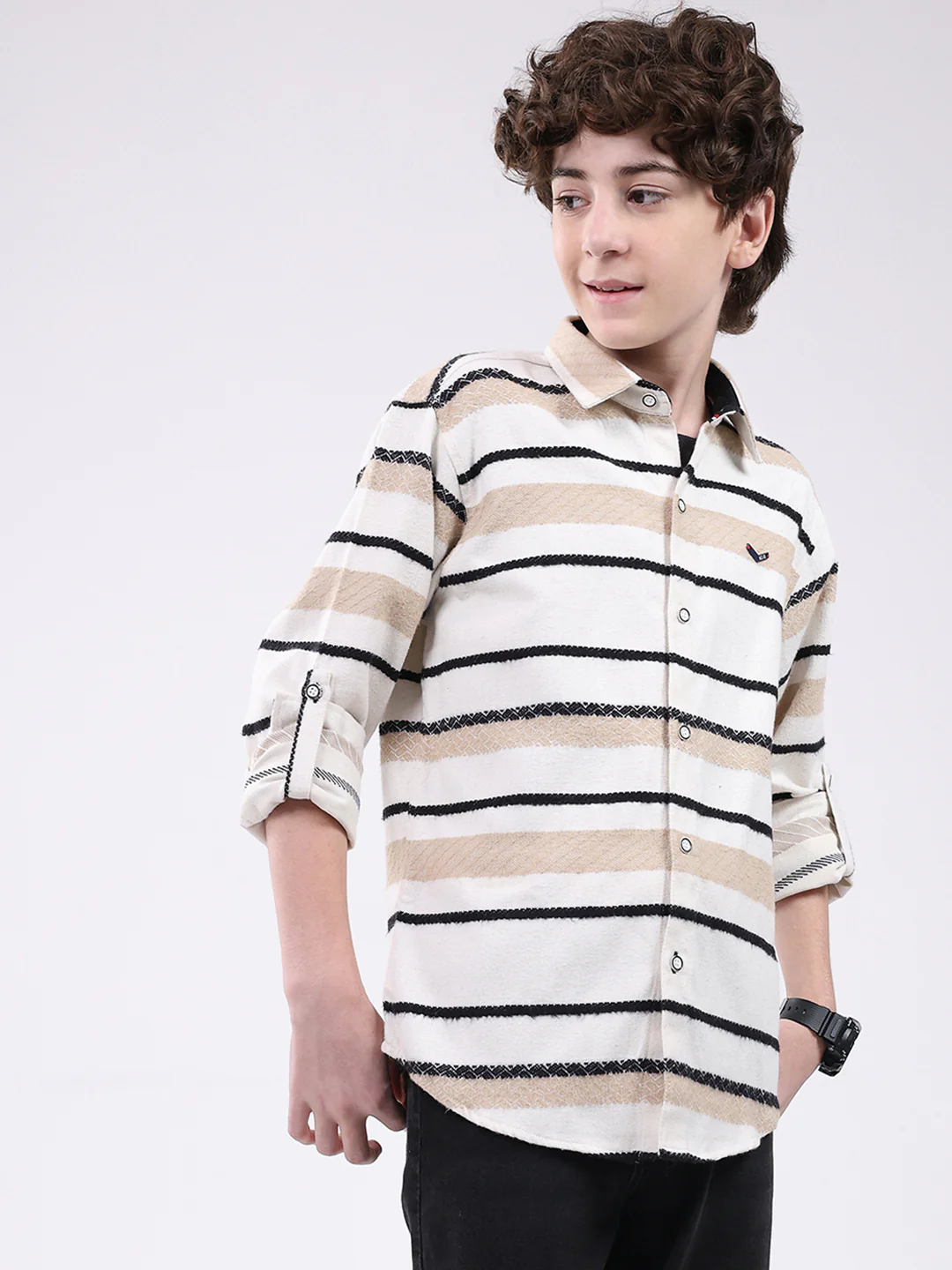 Boys White Stripe Collar Full Sleeve Shirt - Image 4
