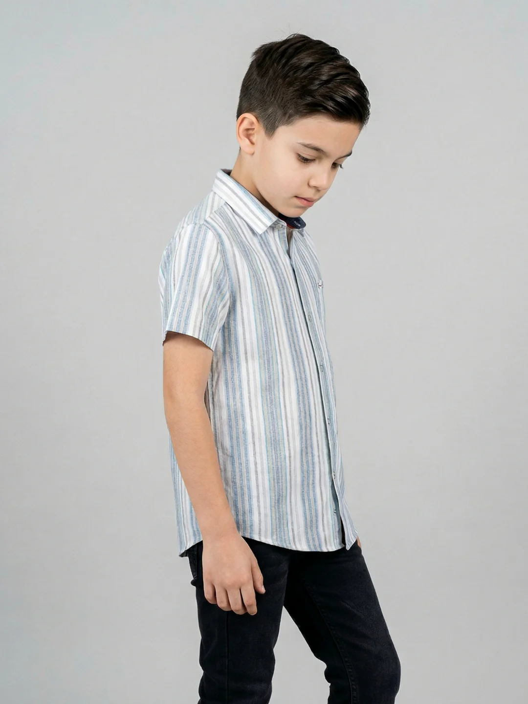 Boys White Stripe Collar Half Sleeve Shirt - Image 3
