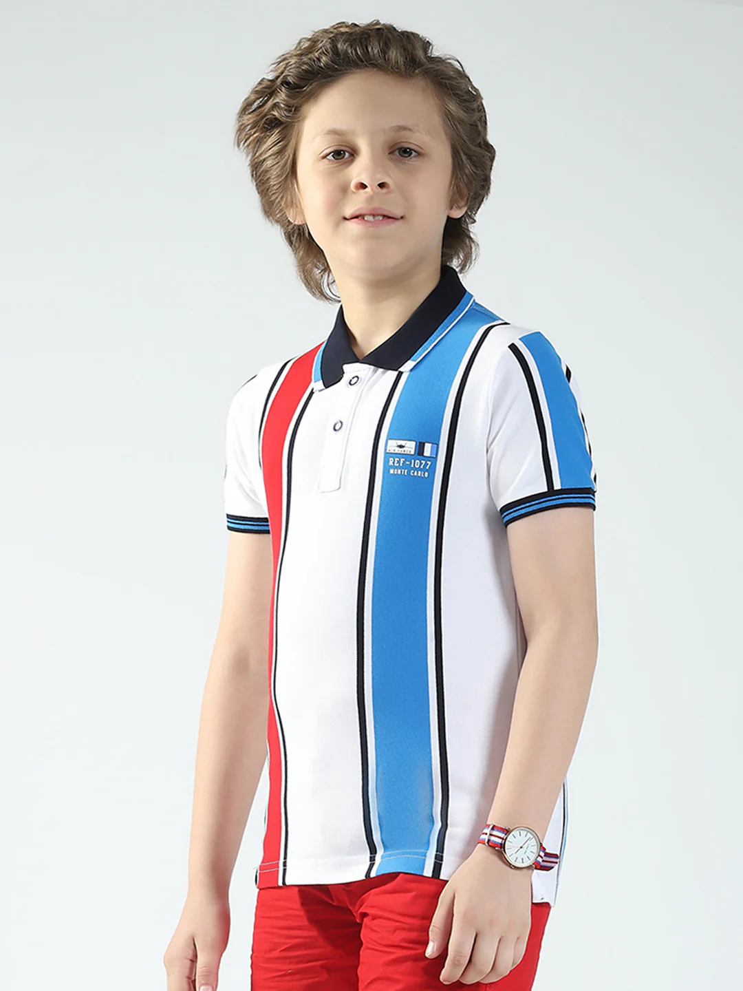 Boys White Stripe Collar Half Sleeve T-Shirt - Image 3