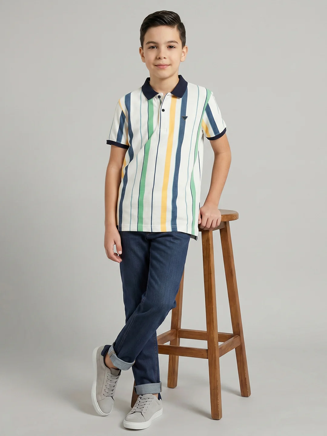 Boys White Stripe Collar Half Sleeve T-Shirt - Image 5