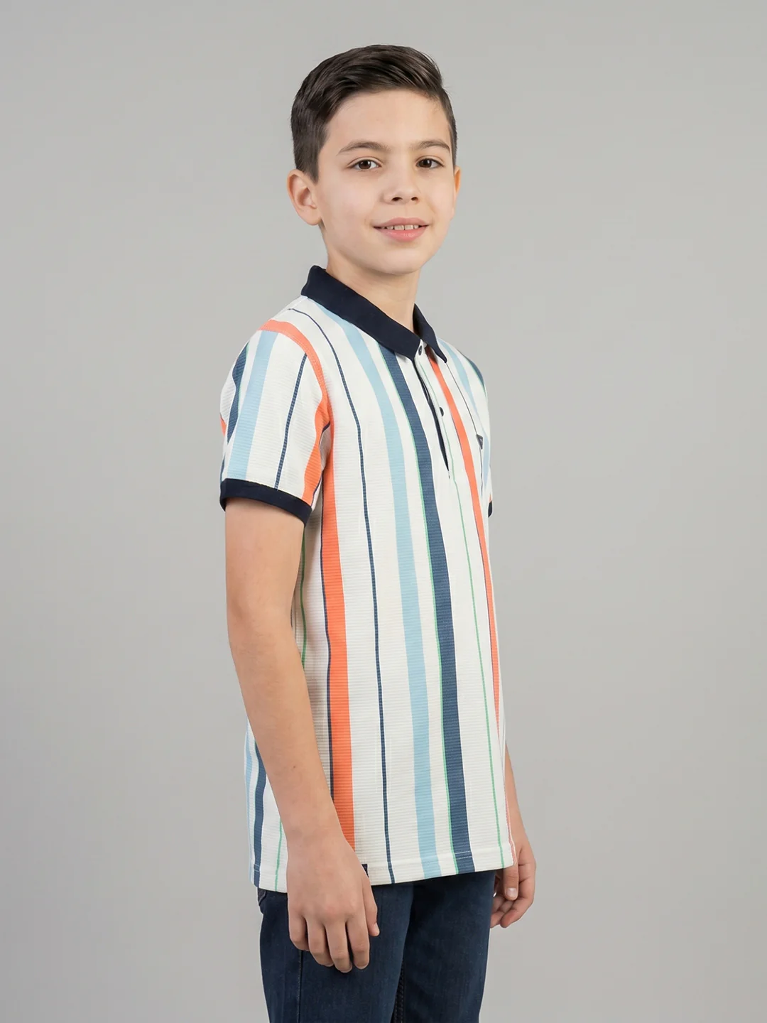 Boys White Stripe Collar Half Sleeve T-Shirt - Image 2