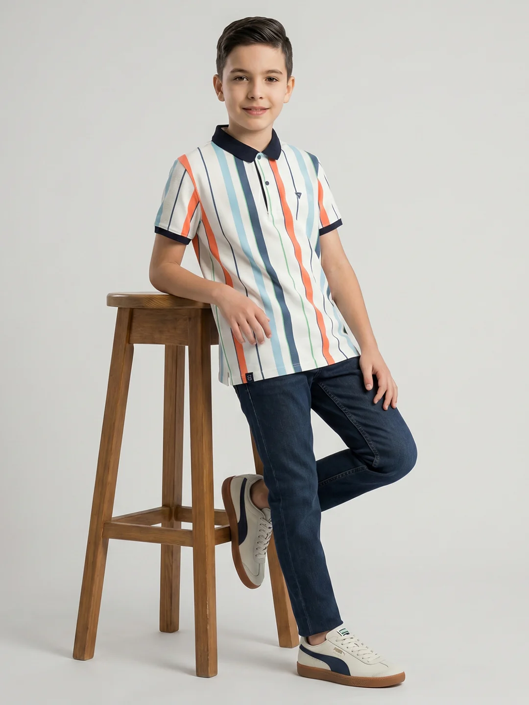 Boys White Stripe Collar Half Sleeve T-Shirt - Image 5