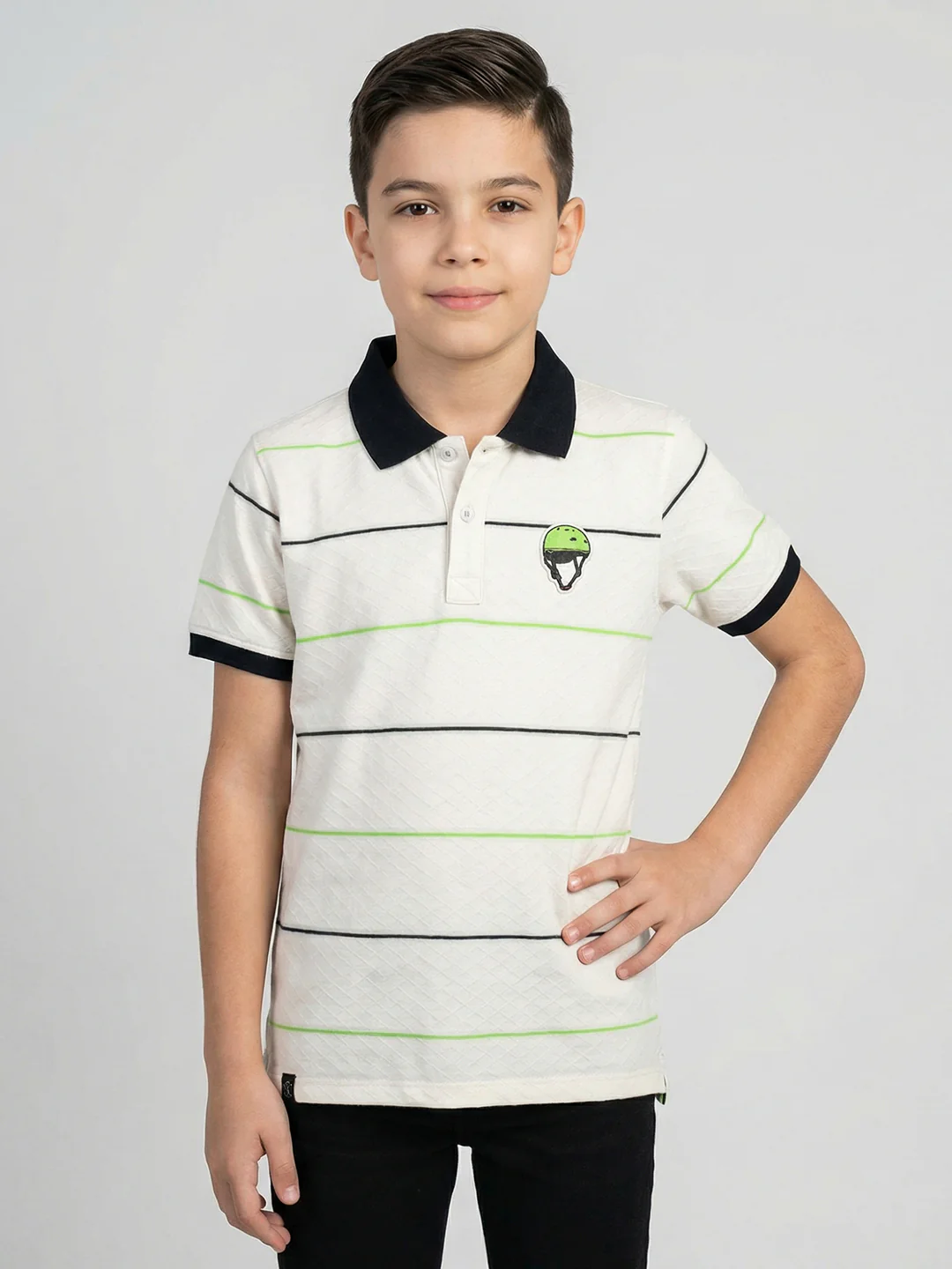 Boys White Stripe Collar Half Sleeve T-Shirt