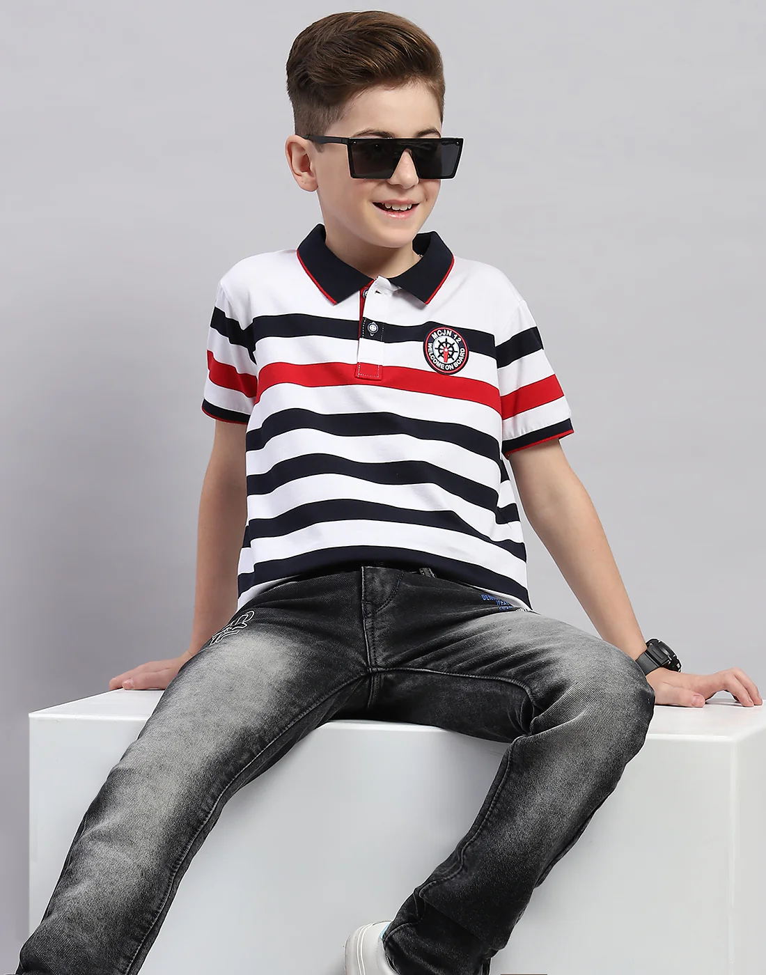 Boys White Stripe Polo Collar Half Sleeve T-Shirt - Image 2