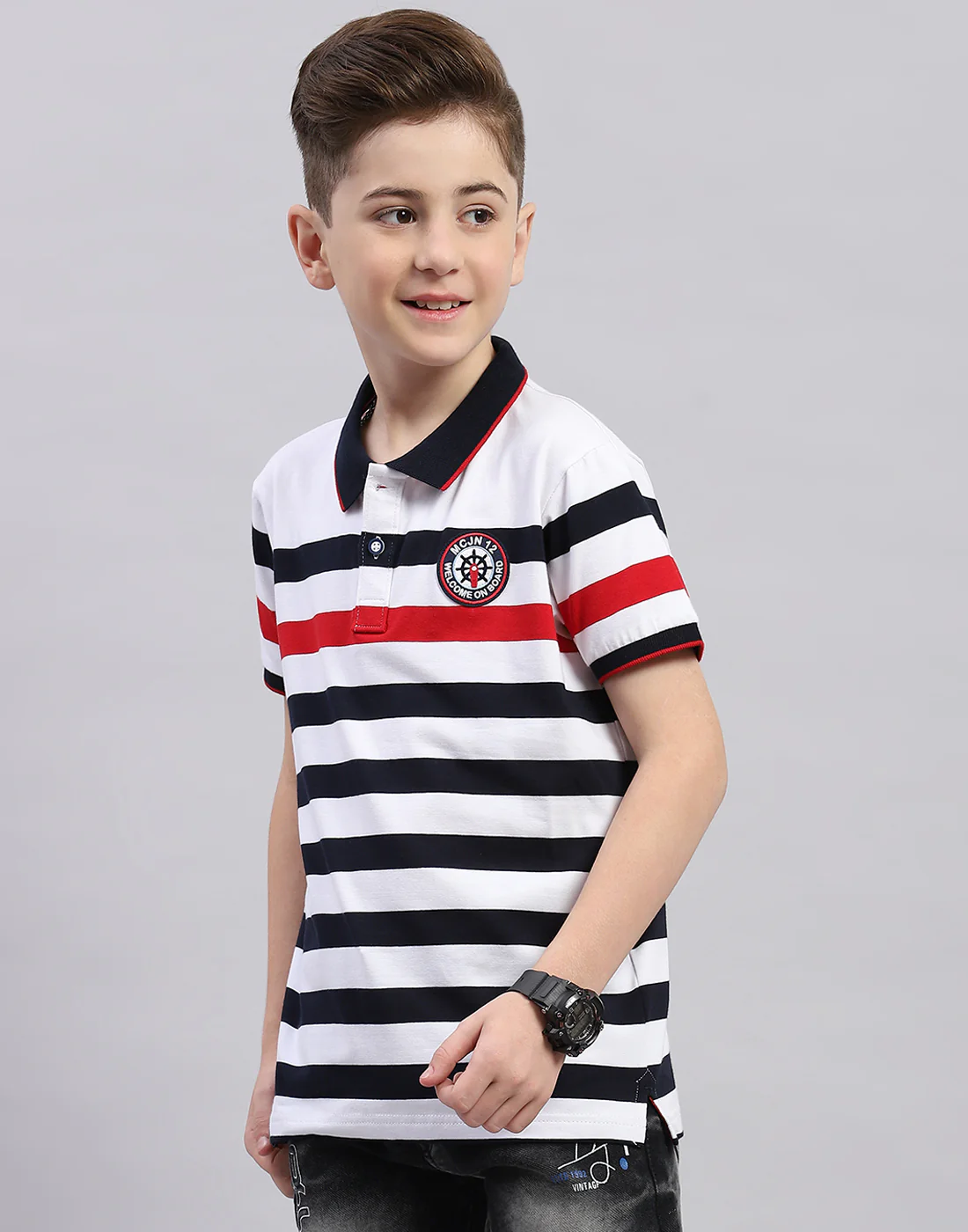 Boys White Stripe Polo Collar Half Sleeve T-Shirt - Image 4