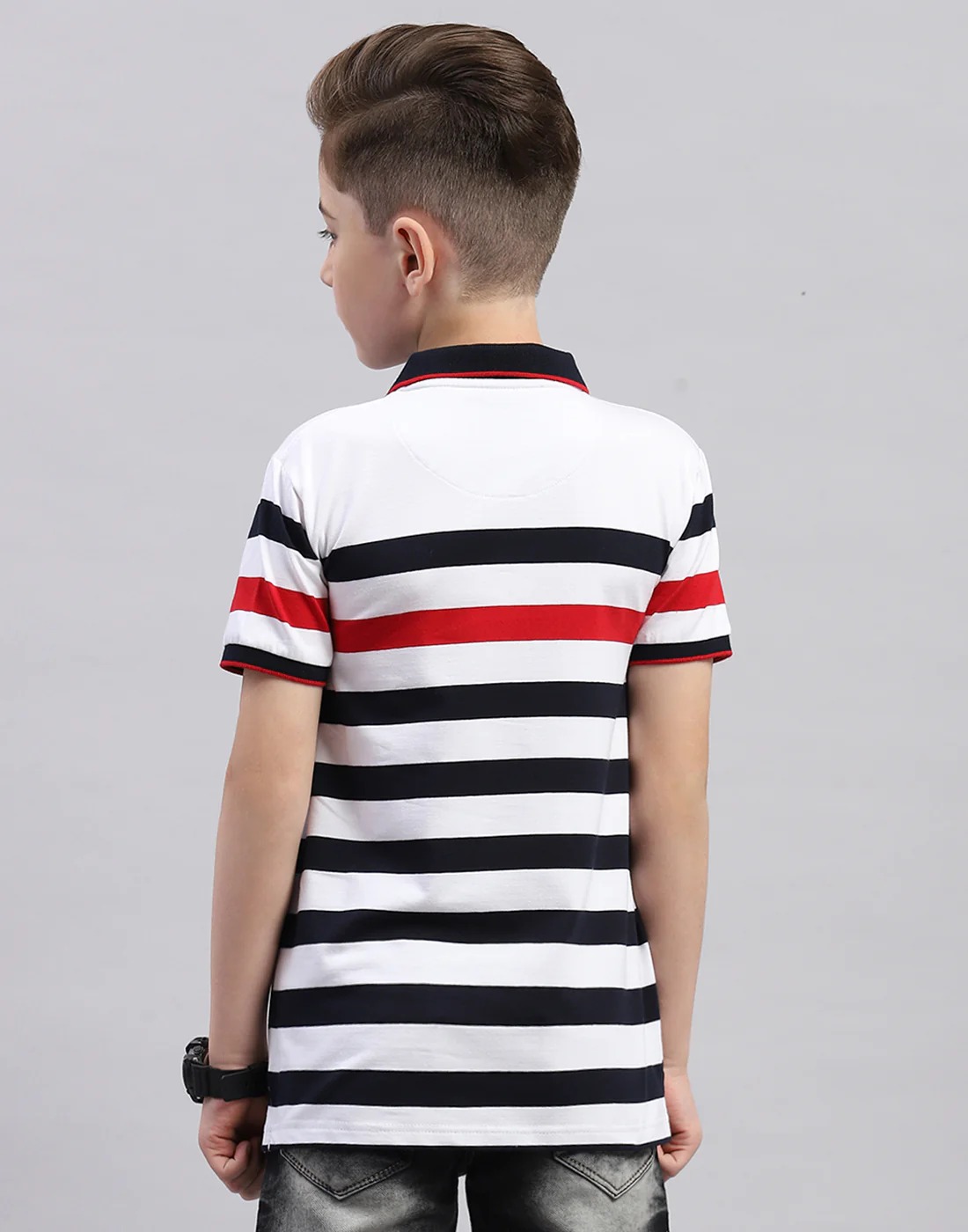 Boys White Stripe Polo Collar Half Sleeve T-Shirt - Image 6
