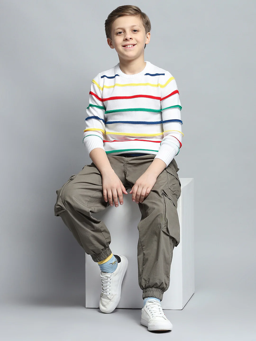 Boys White Stripe Round Neck Full Sleeve Pullover - Image 2
