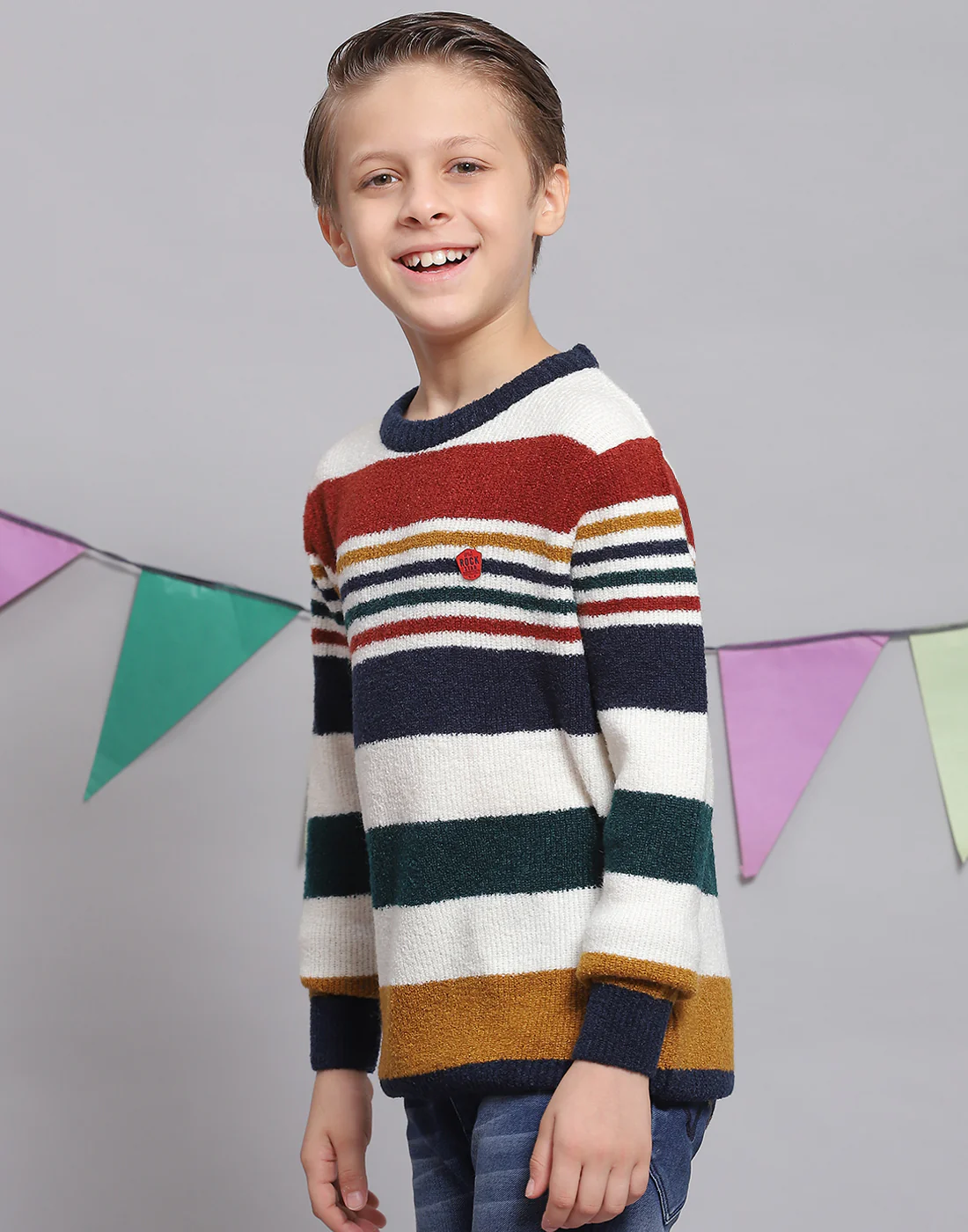 Boys White Stripe Round Neck Full Sleeve Sweater - Image 4