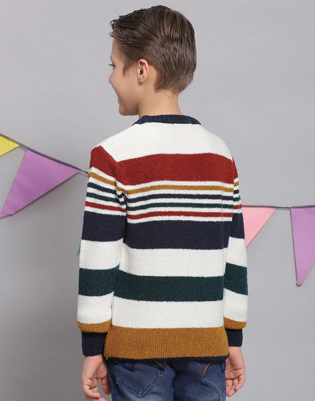 Boys White Stripe Round Neck Full Sleeve Sweater - Image 5