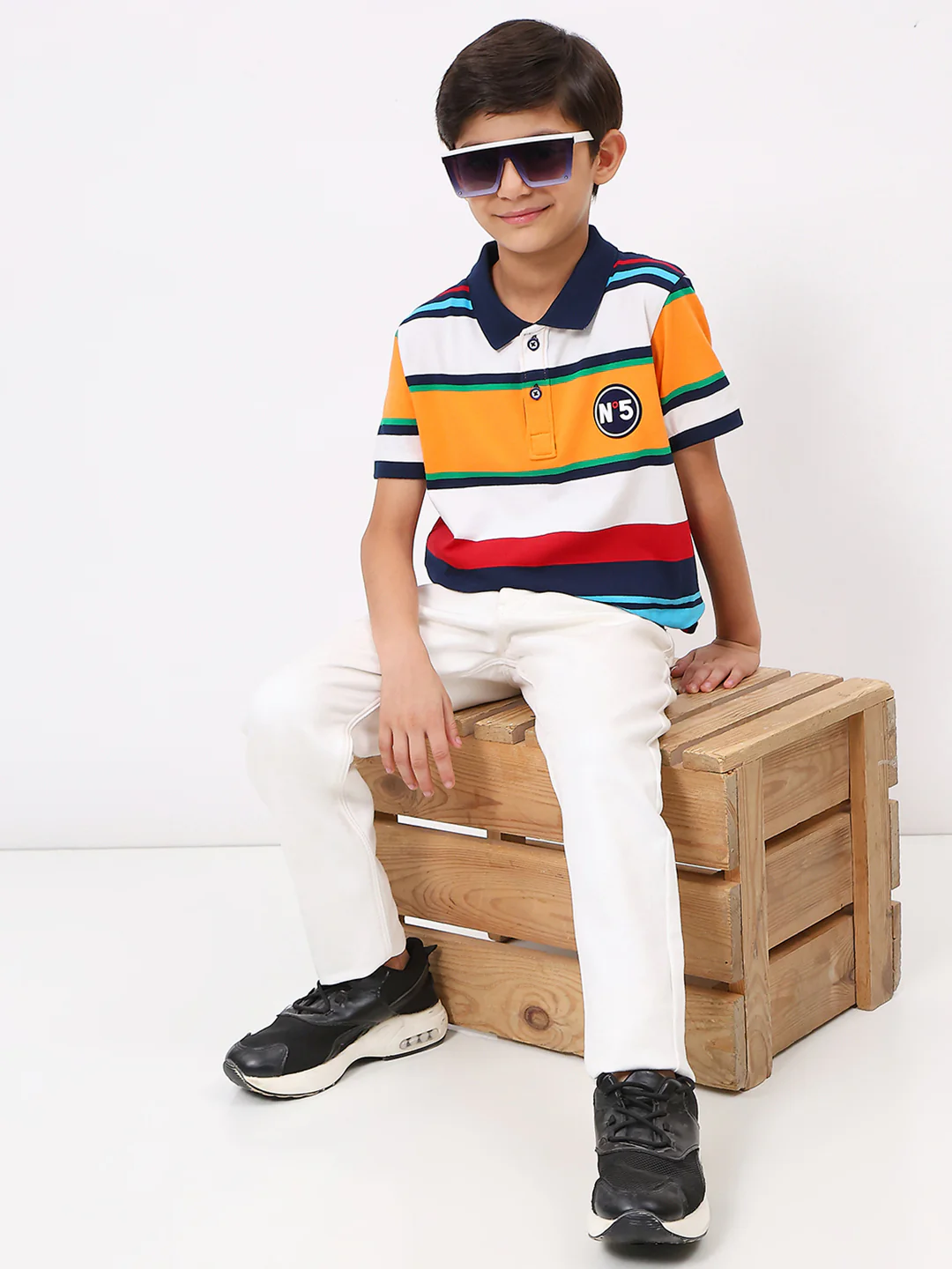 Boys Yellow & Blue Stripe Collar Half Sleeve T-Shirt - Image 2