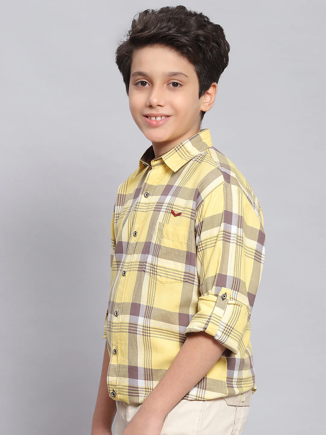 Boys Yellow Check Spread Collar Full Sleeve Shirts - Image 3