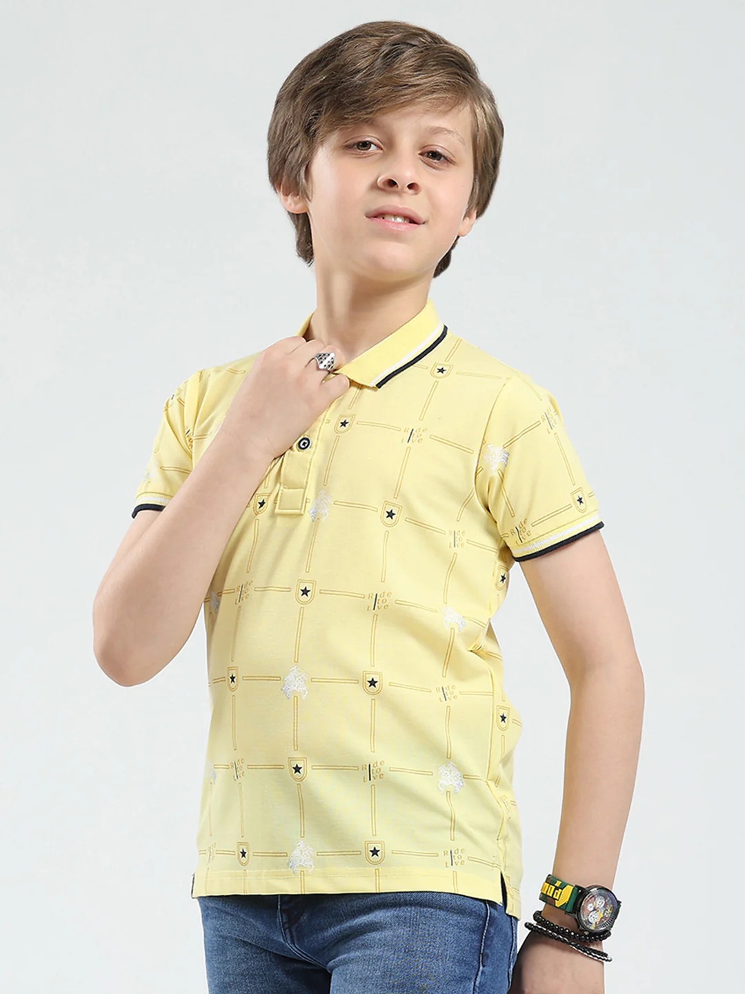 Boys Yellow Printed Collar Half Sleeve T-Shirt - Image 3