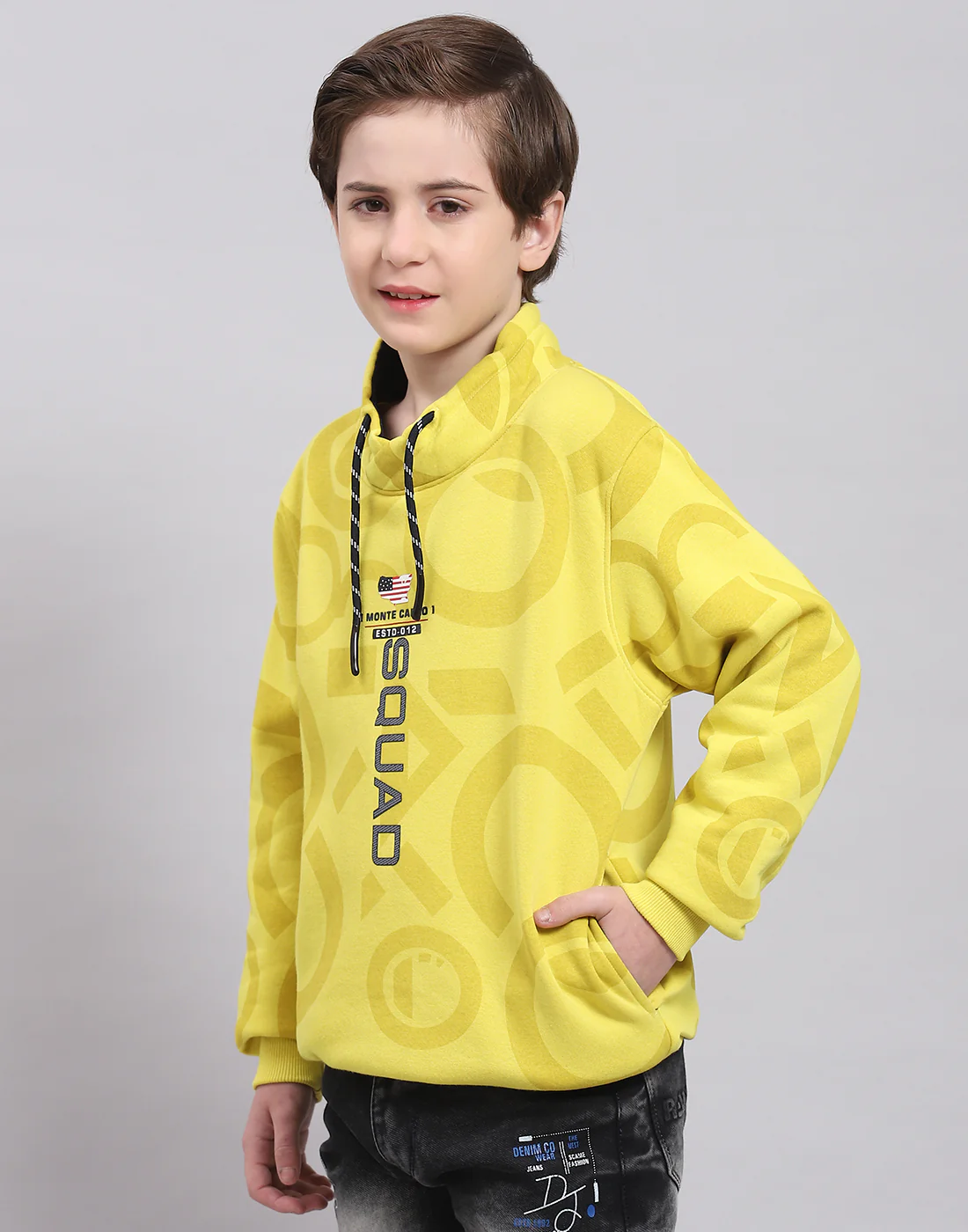 Boys Yellow Printed F Neck Full Sleeve Sweatshirt - Image 4
