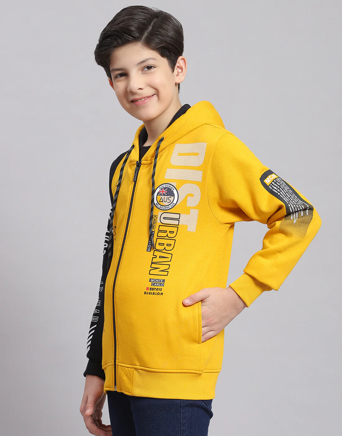 Boys Yellow Printed Hooded Full Sleeve Sweatshirt - Image 3