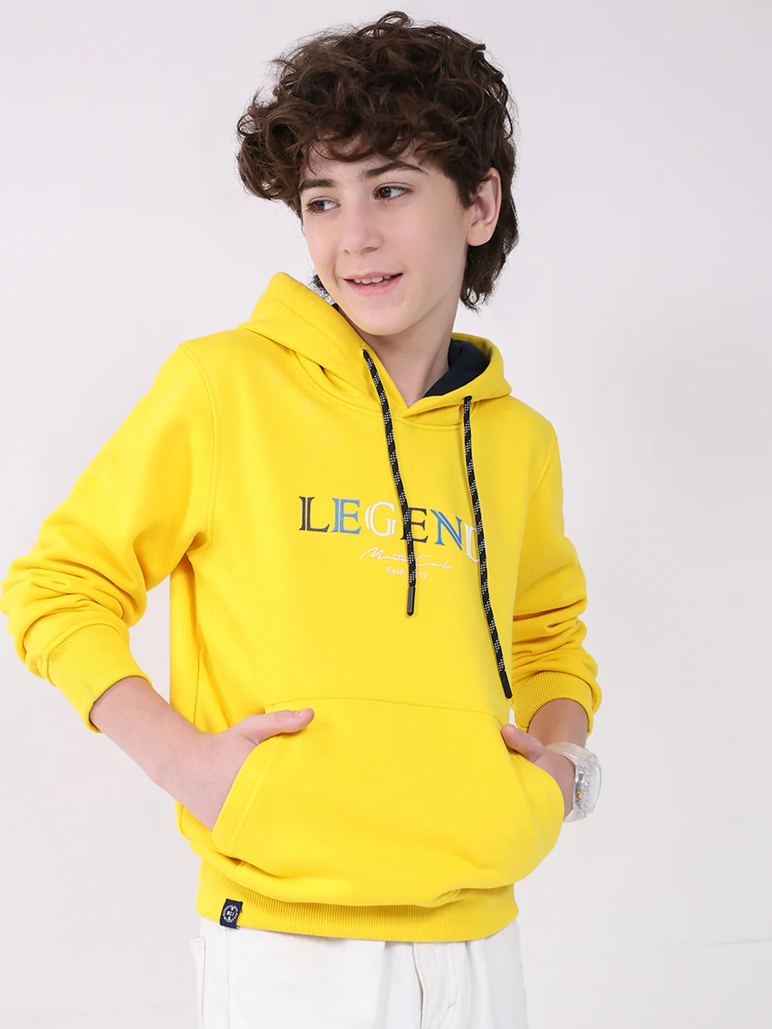 Boys Yellow Printed Hooded Full Sleeve Sweatshirt - Image 4