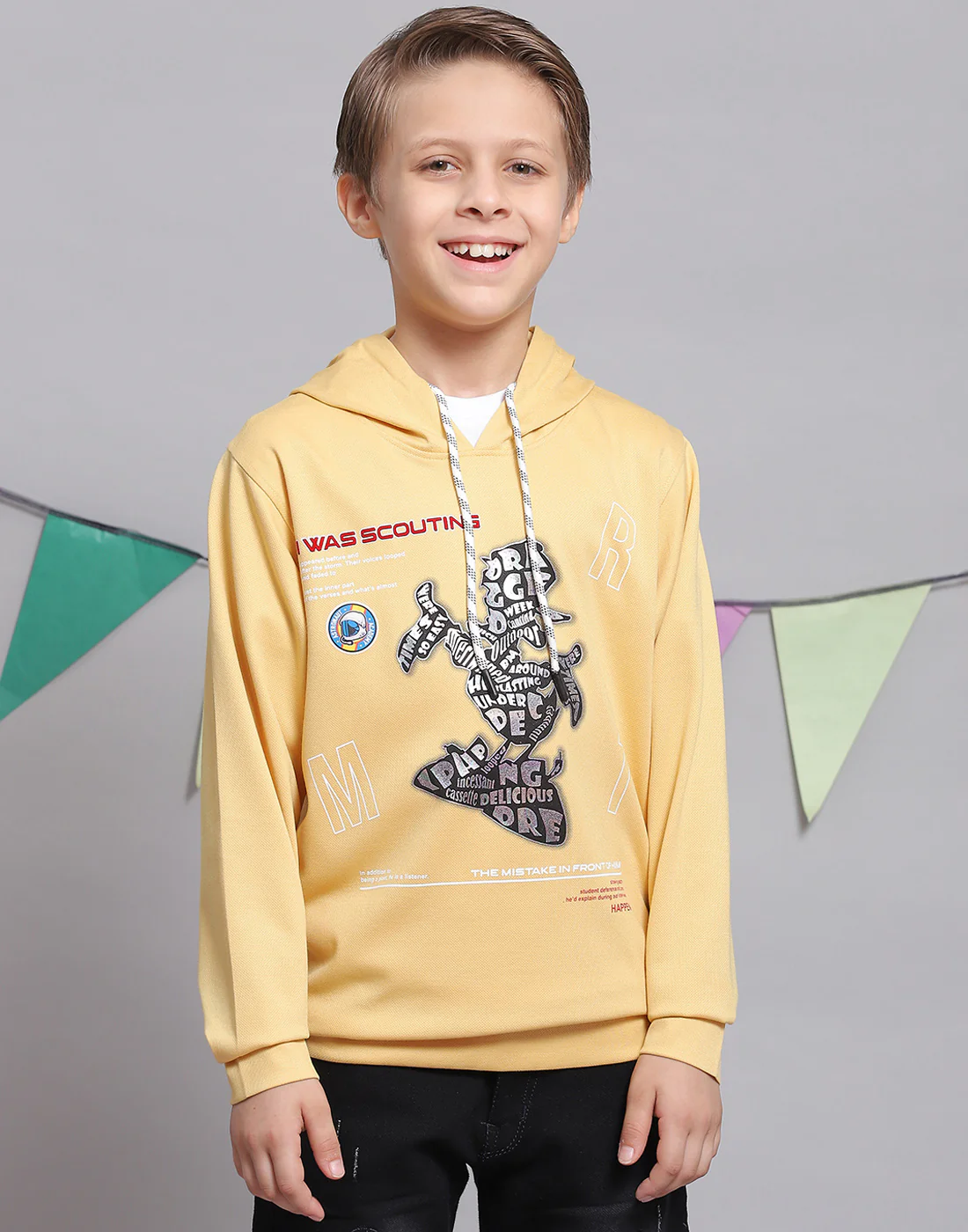 Boys Yellow Printed Hooded Full Sleeve T-Shirts - Image 2